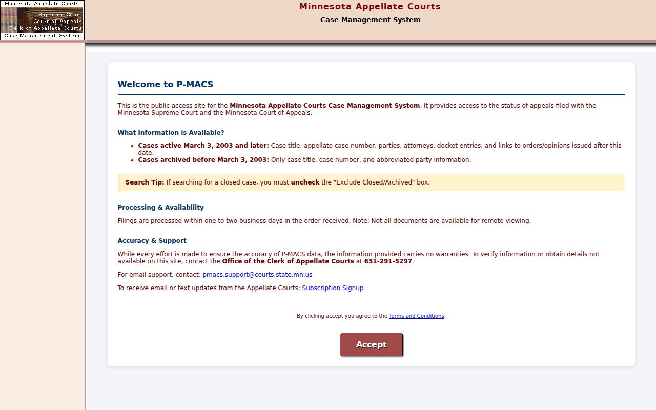 Winona County case search distinction shown by Minnesota P-MACS appellate interface