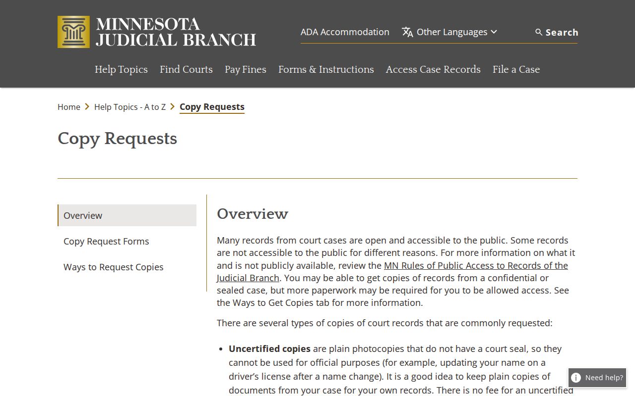 Winona County civil docket court copy request channels