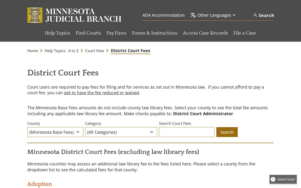 Winona County court records certified copy fee catalog rows