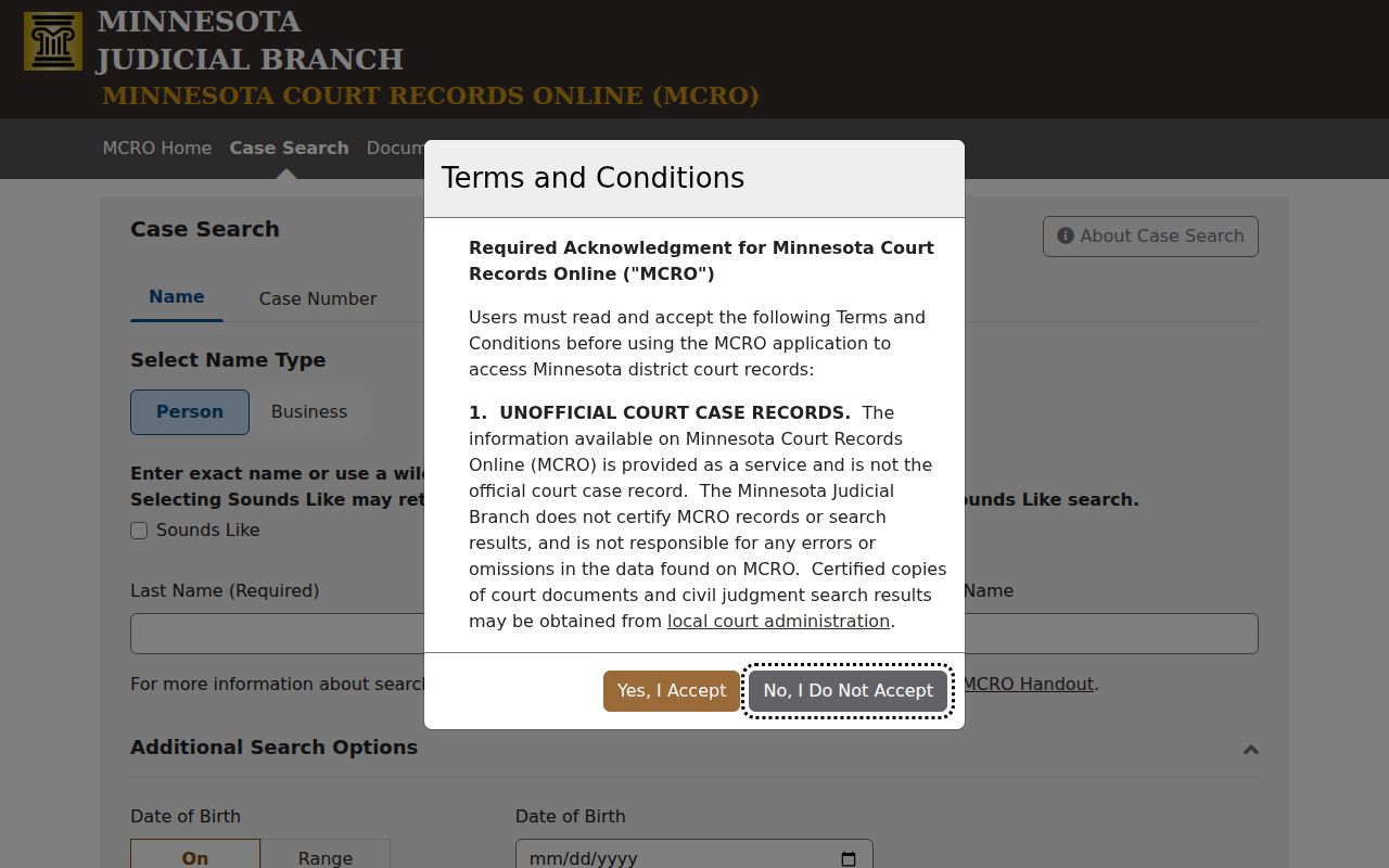 Winona County court calendar MCRO case search form