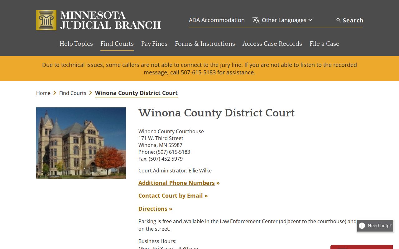 Winona County court docket District Court Administration official court page