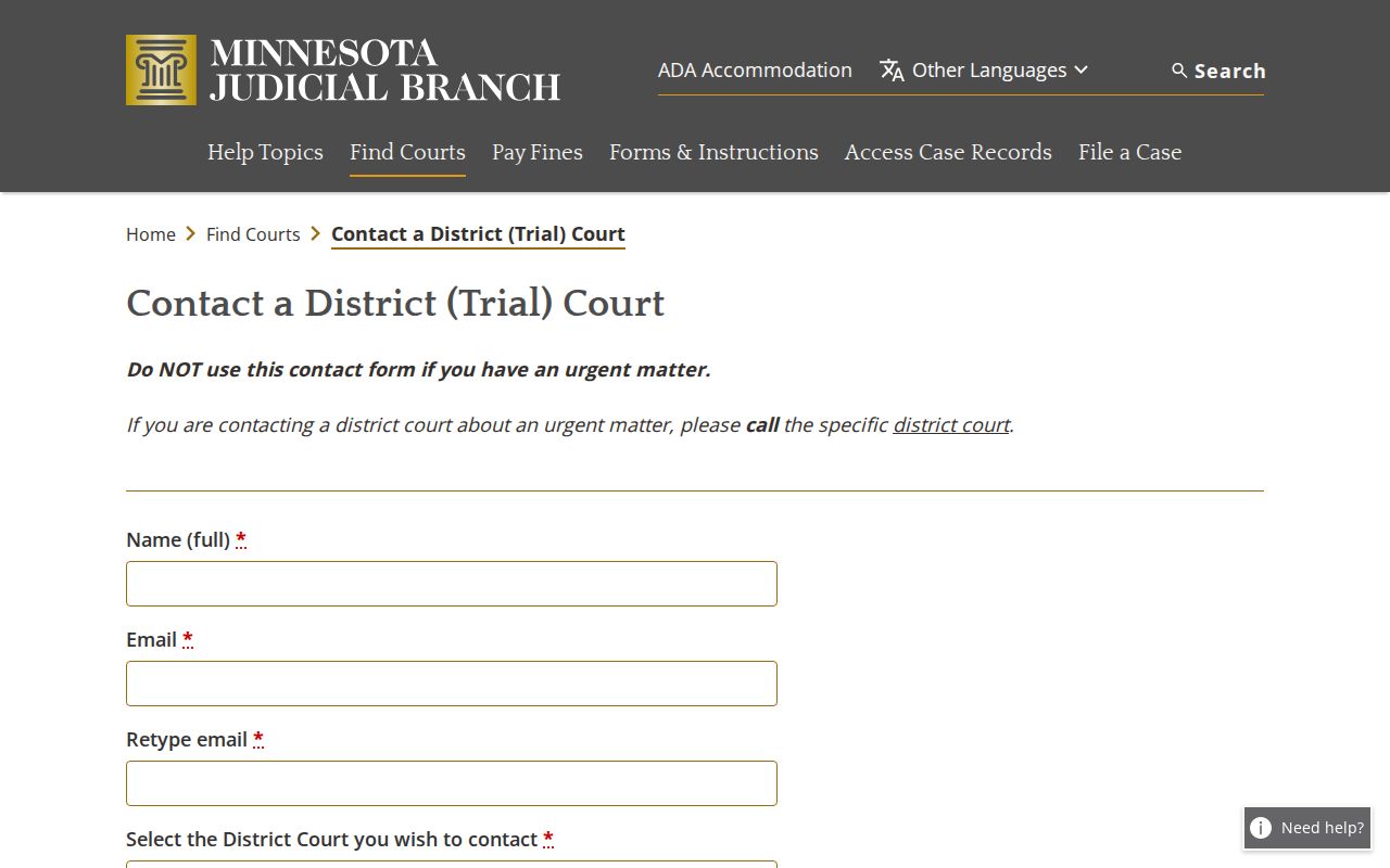 Winona County court docket contact form for District Court Administration