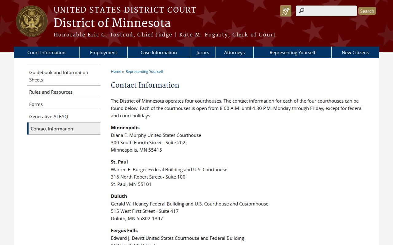 Winona County court docket District of Minnesota federal court contact information