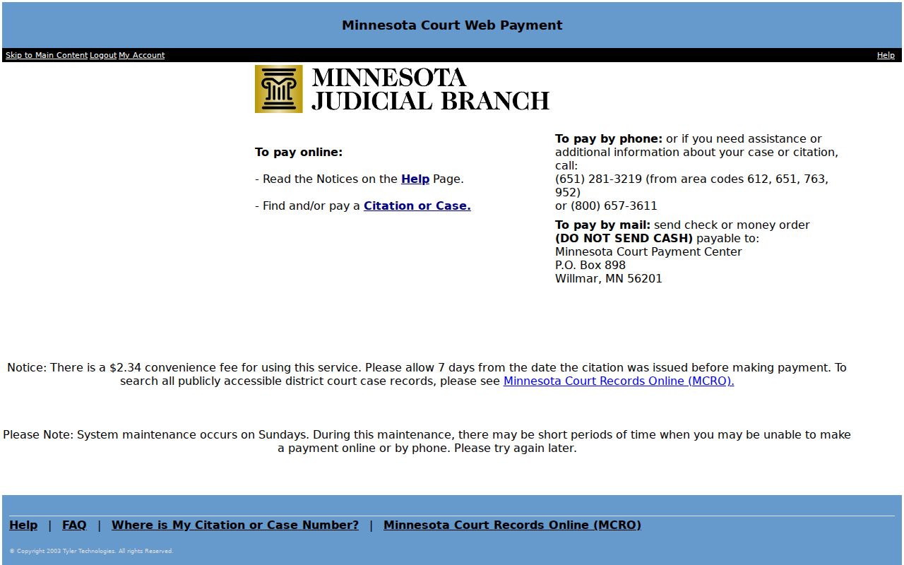 Winona traffic court records official Minnesota Court Payment Center interface
