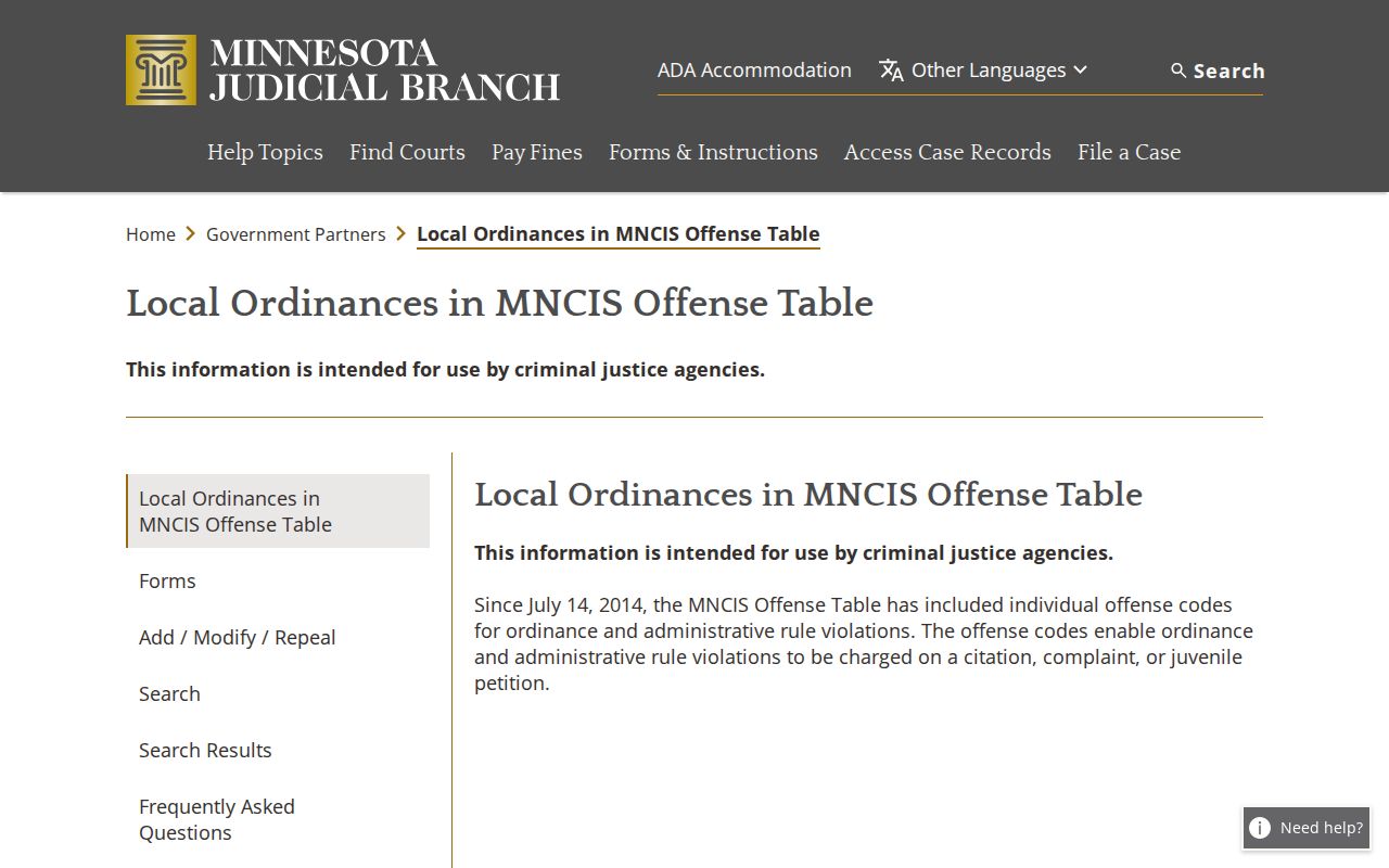 Winona traffic court records Minnesota local ordinance payability table